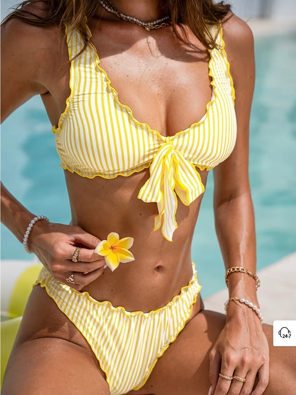 Cupshe Yellow White Striped Tie-Front Ruffle Bikini